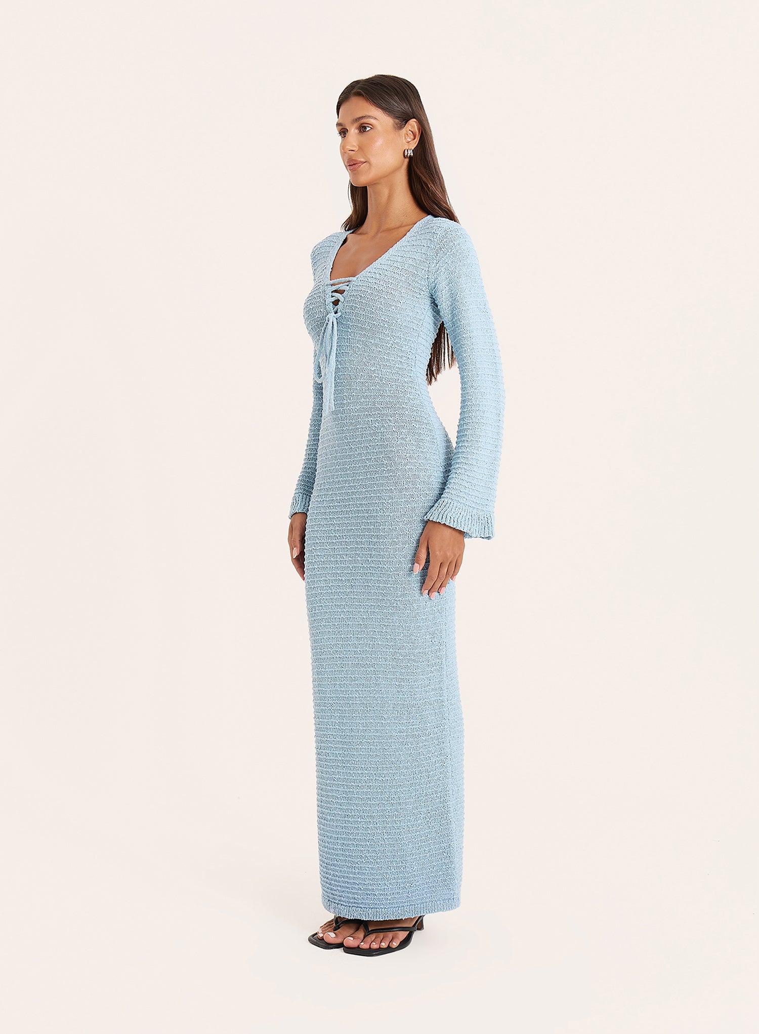Blue Knitted Tie Front Maxi Dress